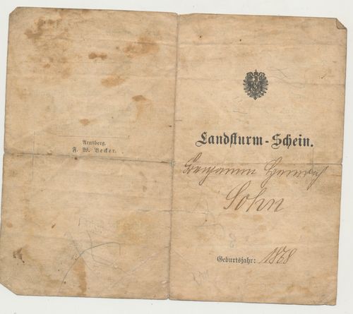Landsturm Schein Ausweis Bez. Wittgenstein der 42 - ten Infanterie Brigade 1890