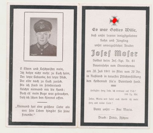 Sterbebild Josef Moser Inf Rgt. 61 gefallen in Russland 1941