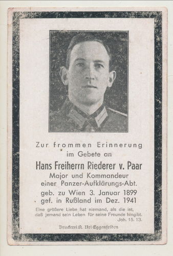 Sterbebild Hans FREIHERR Riederer von Paar Major Kommandeur Panzer Aufklärungs Abt gefallen 1941