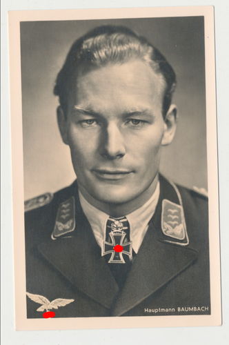 Luftwaffe Hauptmann Baumbach EL / Schwerter Ritterkreuz Original Hoffmann Postkarte 3. Reich