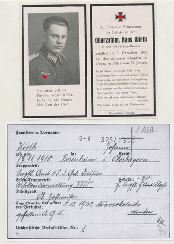 Sterbebild Hans Wirth Oberzahlmeister Verpflegungs Abt 68 der 3. Gebirgs Division Russland HISTORY