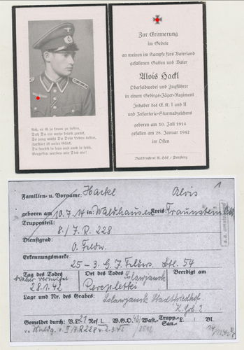 Sterbebild Alois Hackl Gebirgsjäger Felders Btl 54 / Inf Rgt 228 gefallen bei Perepletki mit HISTORY