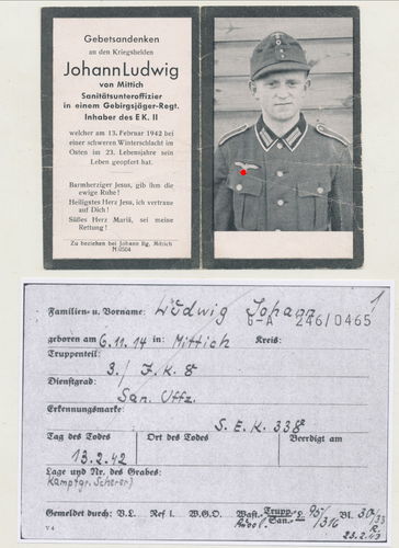 Sterbebild Ludwig San Uffz 3.Inf Rgt 8 gefallen Russland Grab Kampfgruppe Scherer 1942 mit HISTORY