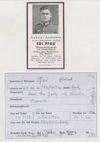 Sterbebild Edi Pfau Nachr Ers Batt 157 München Lazarett Tod 1942 mit HISTORY