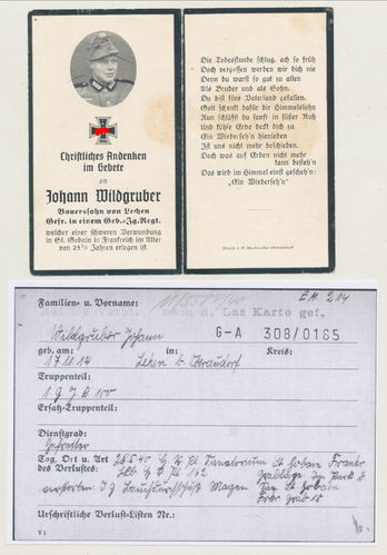 Sterbebild Wildgruber 1./ Gebirgsjäger Rgt 100 gefallen St Gobain Frankreich 1940 mit HISTORY