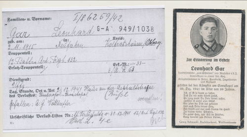 Sterbebild Leonhard Gar aus Wolfratshausen Art Rgt 132 gefallen bei Sewastopol 1941 mit HISTORY