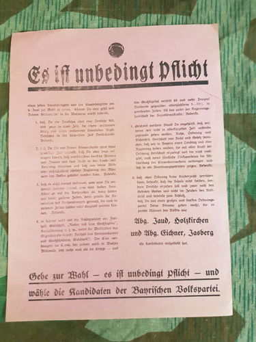 Flugblatt zur Wahl 1919 " Es ist unbedingt Pflicht " Bezirk Holzkirchen Jasberg Bayern