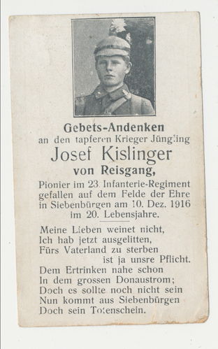 Sterbebild Kislinger 23. Infanterie Regiment gefallen in Siebenbürgen 1916