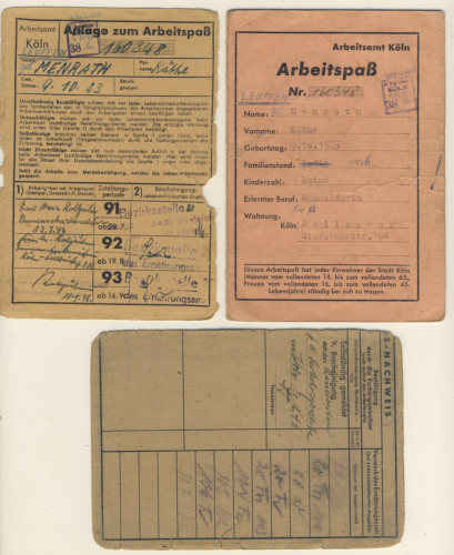 Pass Arbeitspass für Frau Käthe Menrath 3. Reich