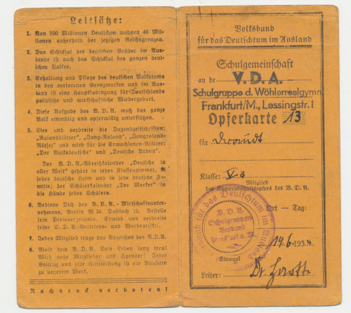 VDA Volksbund für das Deutschtum im Ausland Frankfurt Main Opferkarte 1934