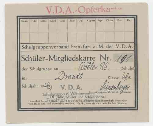 VDA Opferkarte Schüler Jugend Mitgliedskarte Frankfurt Main 1936 / 37