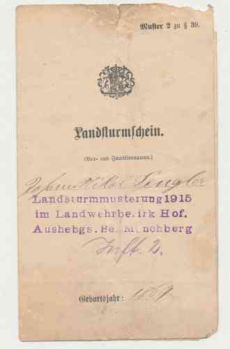 Militär Ausweis Landsturm - Schein 1915 Landwehr Bez. Hof Münchberg 1891 - 1915