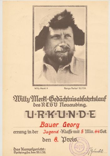 v6-Georg Bauer : Verleihungsurkunde Urkunde RB Reichsbahn Ski Abfahrt 1935 Willi Merkl Nanga Parbat