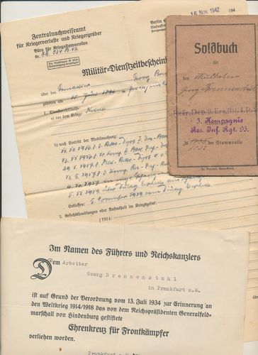 Soldbuch + Urkunde Kriegsteilnehmer + Militär Dienstzeit Bescheinigung Inf Rgt. 93 Berlin