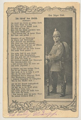 Patriotismus - Militärische Postkarte "Der Jäger Lied - Ich schiess den Hirsch" Feldpost Karte 1915