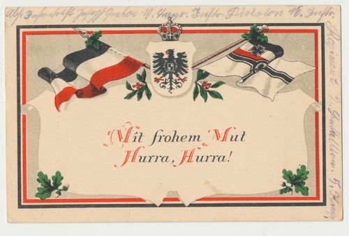 Patriotische militärische Postkarte " Mit frohen Mut Hurra Hurra " von 1915