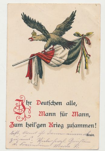 Patriotische Feldpost Karte " Ihr Deutschen alle Mann für Mann ... " Posstempel von 1916