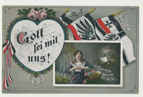 Patriotische Feldpost Karte mit Fahnen " Gott sei mit uns " Poststempel von 1915