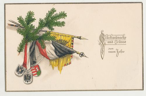 Patriotische Postkarte " Glückwünsche und Grüsse zum neuen Jahre " Poststempel 1915