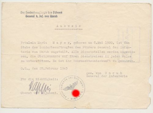 Sonder - Ausweis für Maria Mayer im Stab des Sonderbeauftragten des Führers General von Unruh