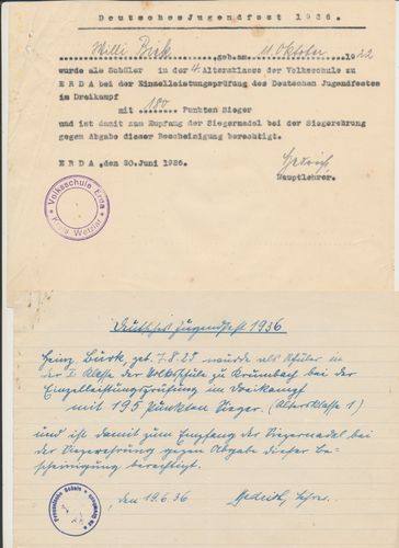 REDUZIERT Besitzzeugnis Urkunden Set 2 Brüder HJ Hitlerjugend SIEGER - NADEL Jugendfest 1936 Wetzlar