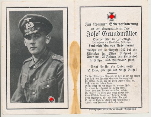 Sterbebild Josef Grundmüller mit Infanterie Sturmabzeichen im Bild gefallen bei Rschew Russland 1942