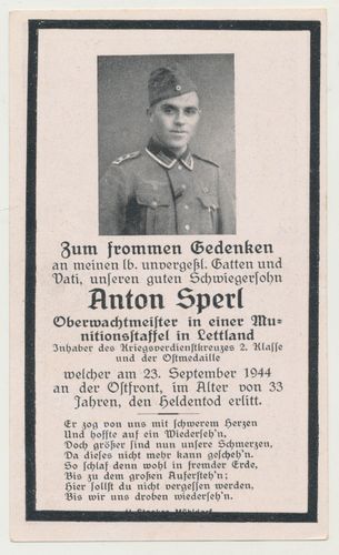 Sterbebild Oberwachtmeister Anton Sperl Munitionsstaffel in Lettland KVK & Ostmedaille 1944 Ostfront