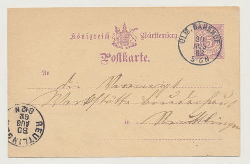 Postkarte Königreich Württemberg Poststempel Reutlingen von 1882