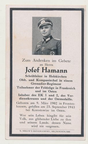 Sterbebild OFFIZIER Kompaniechef Hamann Holzkirchen EK1 EK2 Ostmedaille gefallen Russland 1943