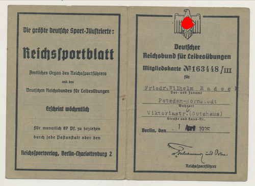 Ausweis deutscher Reichsbund für Leibesübungen Friedrich Radeck in Bornstedt 1935