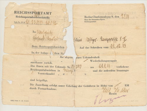 Dokument Schreiben zum Erhalt des DRL Reichsportabzeichen Bronze