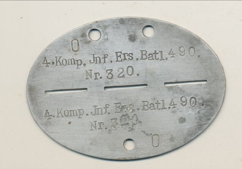 Erkennungsmarke Wehrmacht 4./ Infanterie Ers Btl 490 Heide / ab 1945 Ers Rgt 30 Leuthen Aufruf