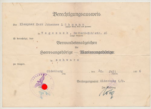 Urkunde zum Verwundetenabzeichen in Schwarz für Heeres Angehörige Oldenburg 1936