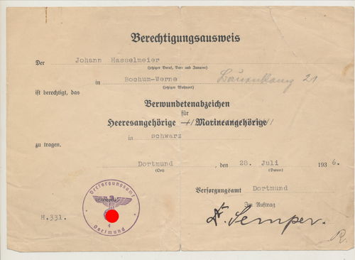 Urkunde zum Verwundetenabzeichen in Schwarz für Heeres Angehörige Dortmund 1936