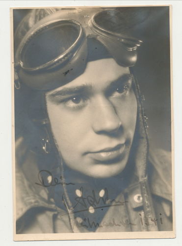Portrait Foto deutscher Pilot Flieger Luftwaffe Kopfhaube Fliegerbrille signiert WK2