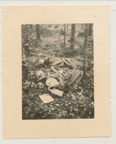 Schlachtfeld Foto gefallene tote Soldaten mit Ausrüstung  - Original Foto WK2
