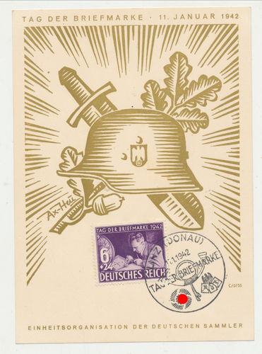 Tag der Briefmarke 1942 in Linz Donau abgestempelt - Original Postkarte 3. Reich