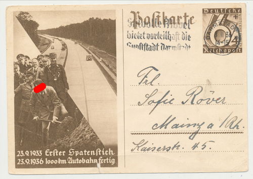Postkarte Erster Spatenstich 1000 km Autobahn mit Adolf Hitler 1936