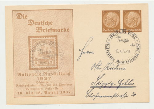 Die deutsche Briefmarke Nationale Ausstellung 1937 Berlin - Original Postkarte 3. Reich