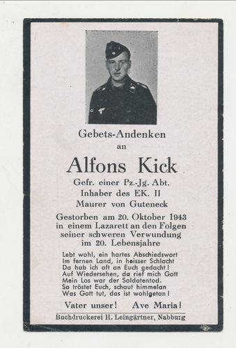 Sterbebild Panzer Panzerjäger Alfons Kick Abt mit EK2 Schwarze Uniform gefallen 1943