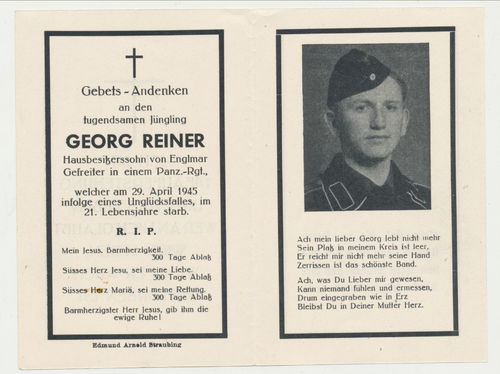 Sterbebild Panzer Georg Reiner Schwarze Uniform gefallen April 1945