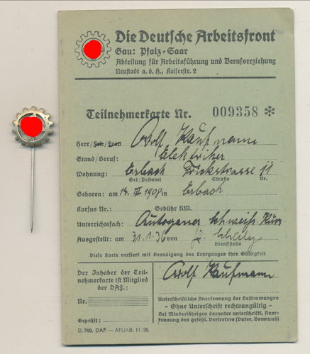 DAF Deutsche Arbeitsfront Mitglieds Ausweis und Mitgliedsabzeichen 3. Reich