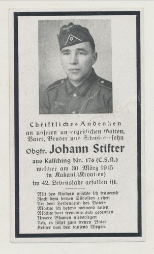 Sterbebild Johann Stifter gefallen in Kakant Kroatien 30. März 1945