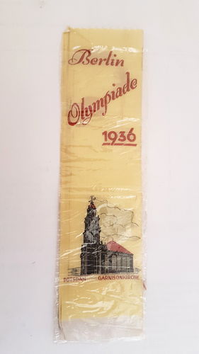 Olympia Olympische Spiele Berlin 1936 Stoff Eintritts Erinnerungs Abzeichen in Cellophan Tüte