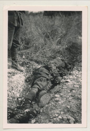 Schlachtfeld Foto gefallener toter Soldat im Graben - Original Foto WK2