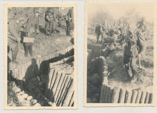 Schlachtfeld Foto gefallene tote Soldaten im Schützengraben - 2x Original Foto WK2
