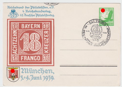 München Juni 1939 Reichsbund Philatelisten Original Postkarte 3. Reich