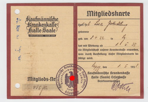 Kaufmann Krankenkasse Halle Saale Mitgliedskarte Ausweis 1938