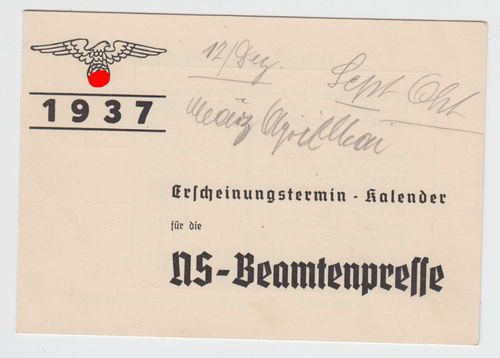 NS Beamten Presse Erscheinungs Termin Kalender 1937