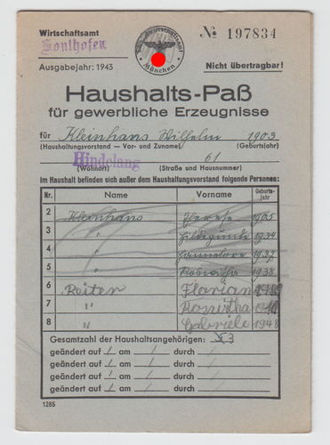 Haushalts Pass Ausweis für gewerbliche Erzeugnisse Sonthofen 1943